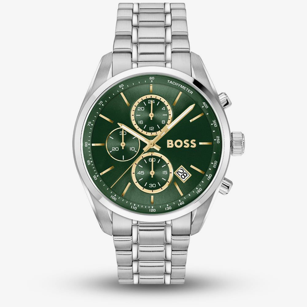 BOSS Mens Grand Prix Green Dial Bracelet Watch & Black Card Holder Gift Set 1570202