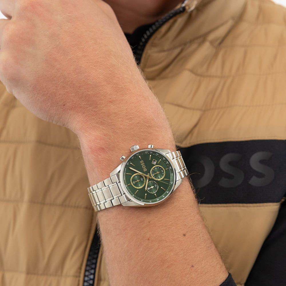 BOSS Mens Grand Prix Green Dial Bracelet Watch & Black Card Holder Gift Set 1570202