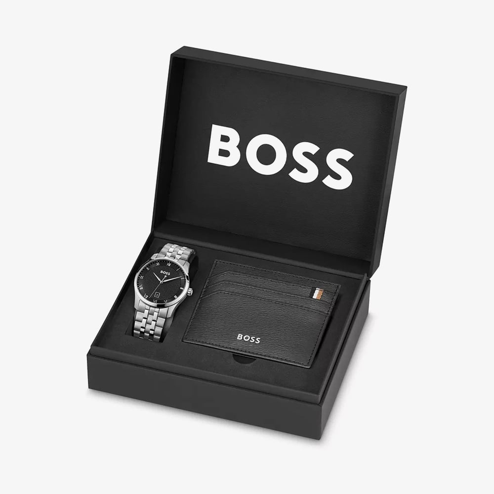BOSS Mens Principle Black Dial Bracelet Watch & Iconic Black Card Holder Wallet Gift Set 1570204