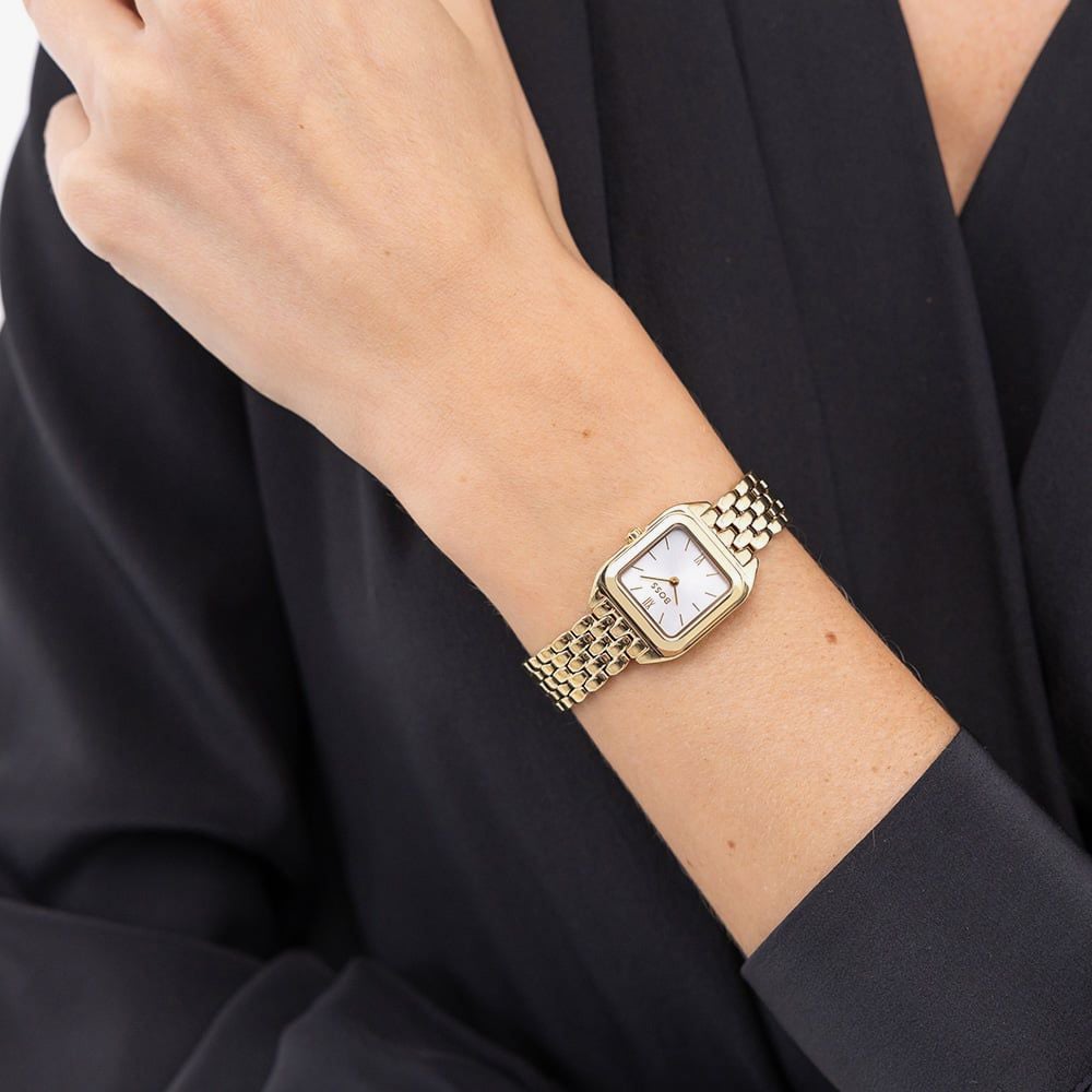 BOSS Ladies Mae Petit Golden Square Bracelet Watch and Open Heart Bracelet Gift Set 1570203