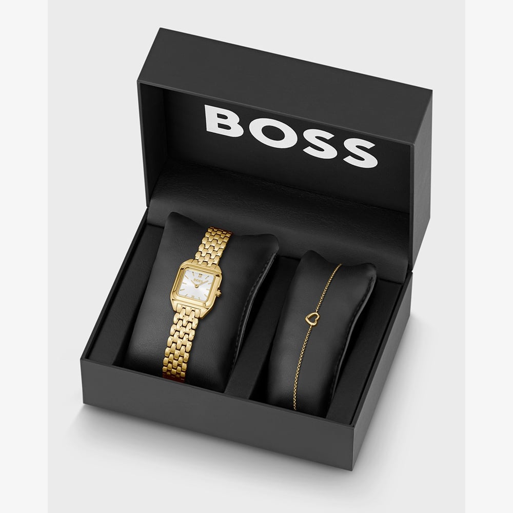 BOSS Ladies Mae Petit Golden Square Bracelet Watch and Open Heart Bracelet Gift Set 1570203