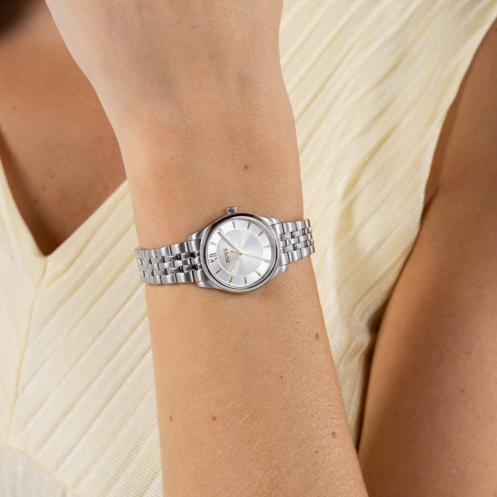 BOSS Ladies Graceful Mina Silver Dial Two Tone Bracelet Watch and Heart Bracelet Gift Set 1570210
