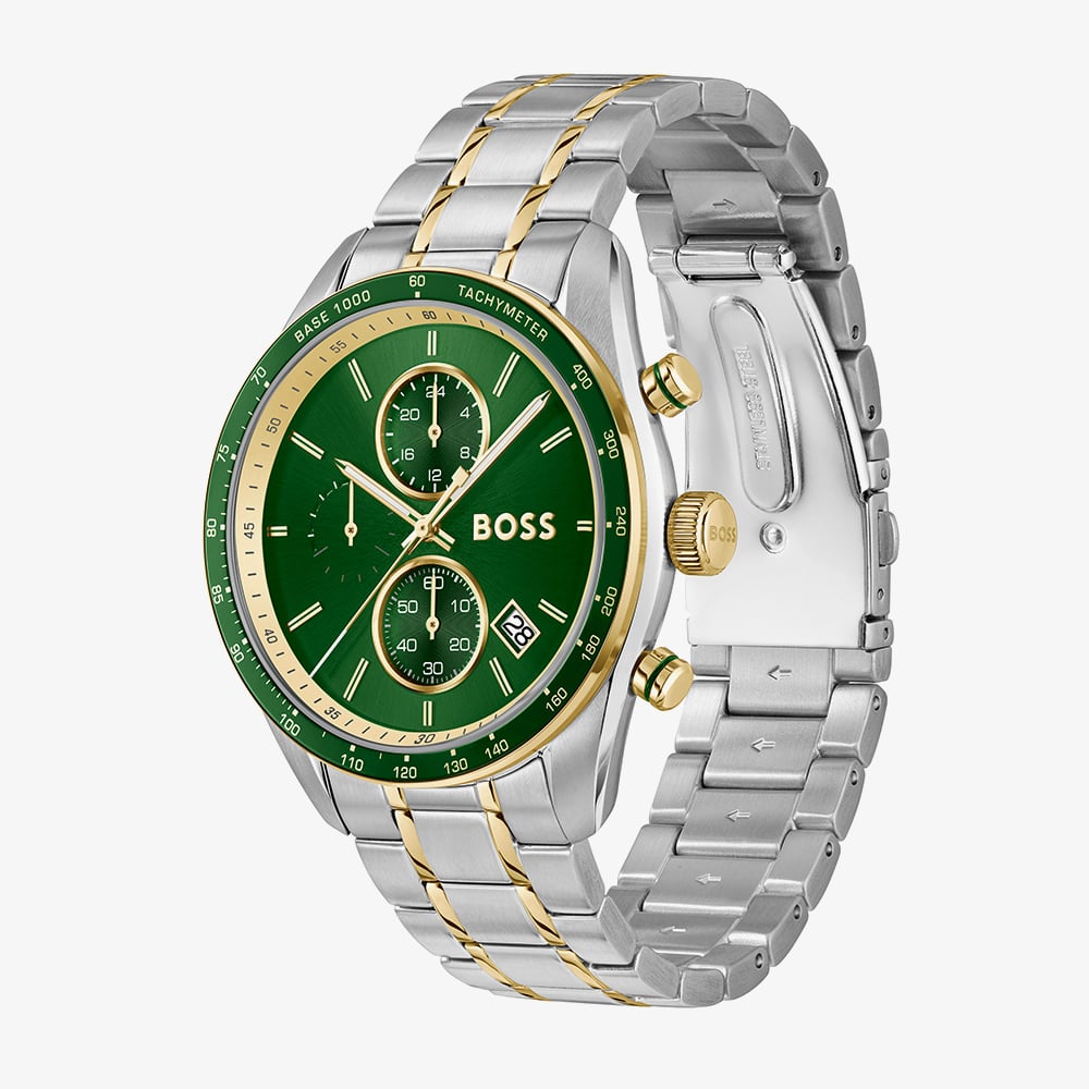 BOSS Mens Grand Prix Two Tone Chronograph Green Dial Bracelet Watch 1514345