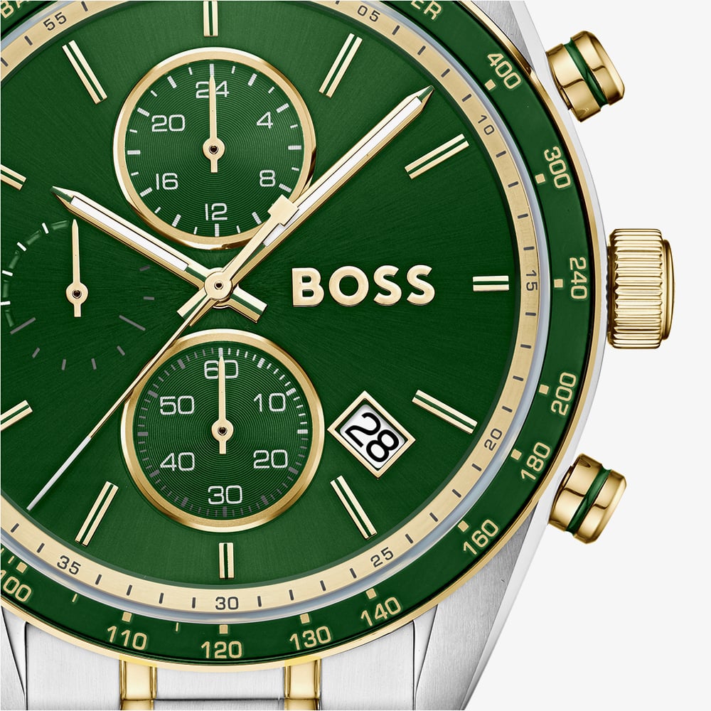 BOSS Mens Grand Prix Two Tone Chronograph Green Dial Bracelet Watch 1514345