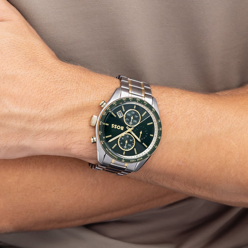 BOSS Mens Grand Prix Two Tone Chronograph Green Dial Bracelet Watch 1514345