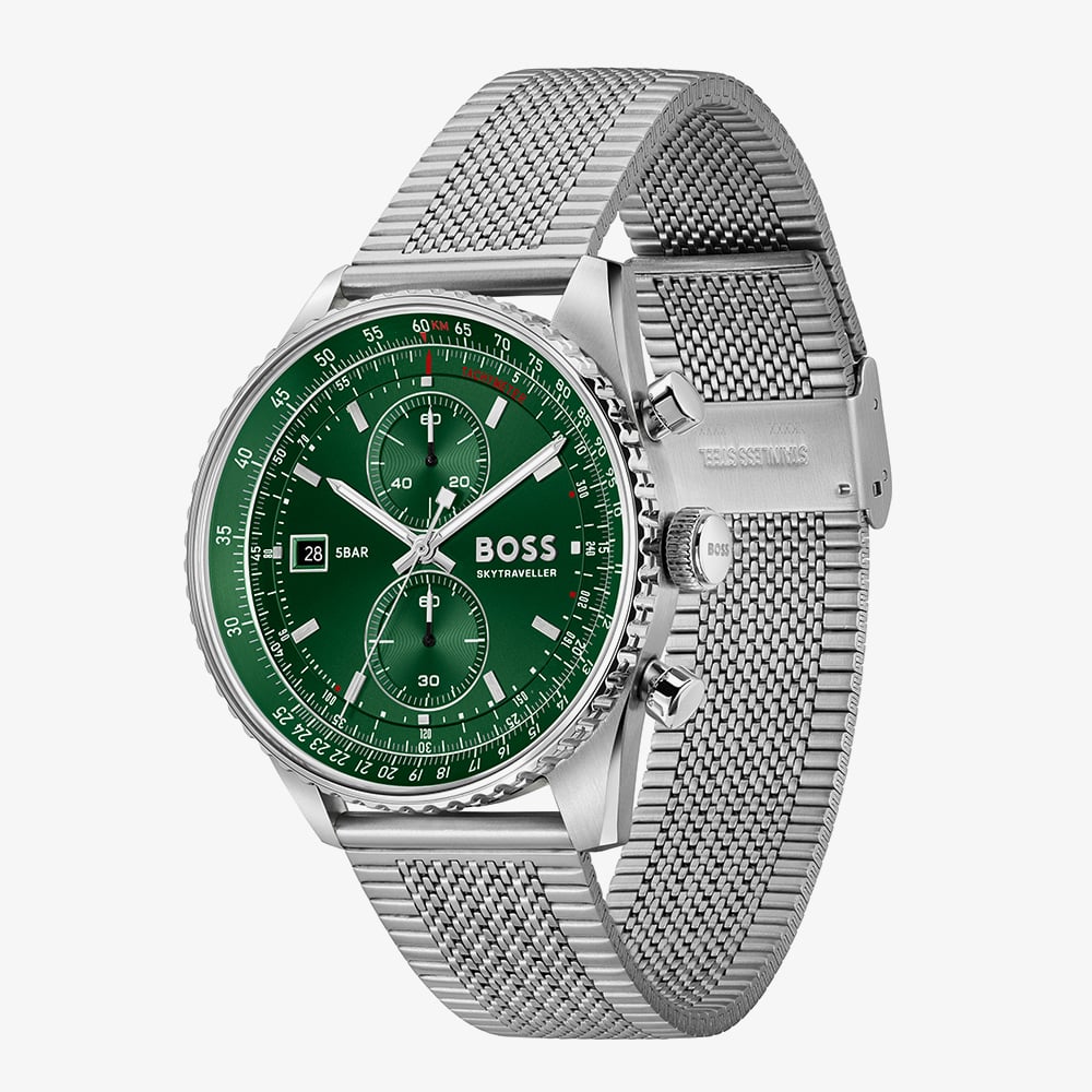 BOSS Mens Skytraveller Chronograph Green Dial Mesh Bracelet Watch 1514347