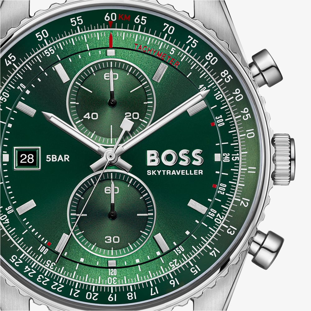 BOSS Mens Skytraveller Chronograph Green Dial Mesh Bracelet Watch 1514347
