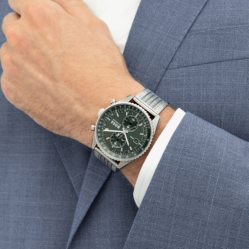 BOSS Mens Skytraveller Chronograph Green Dial Mesh Bracelet Watch 1514347