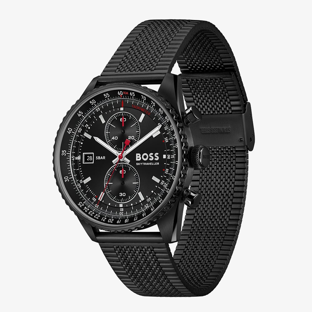 BOSS Mens Skytraveller Chronograph Black Dial Mesh Bracelet Watch 1514348