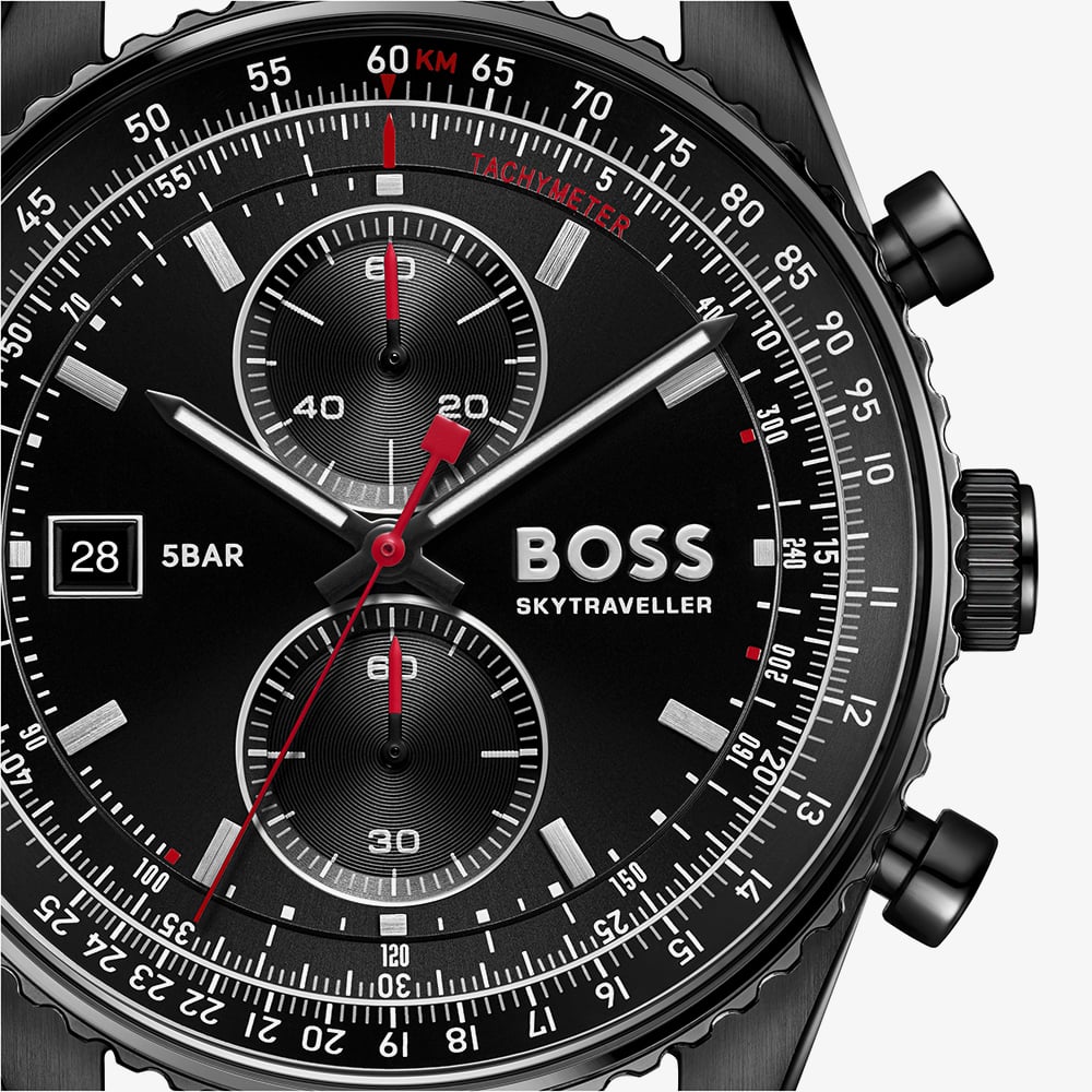 BOSS Mens Skytraveller Chronograph Black Dial Mesh Bracelet Watch 1514348
