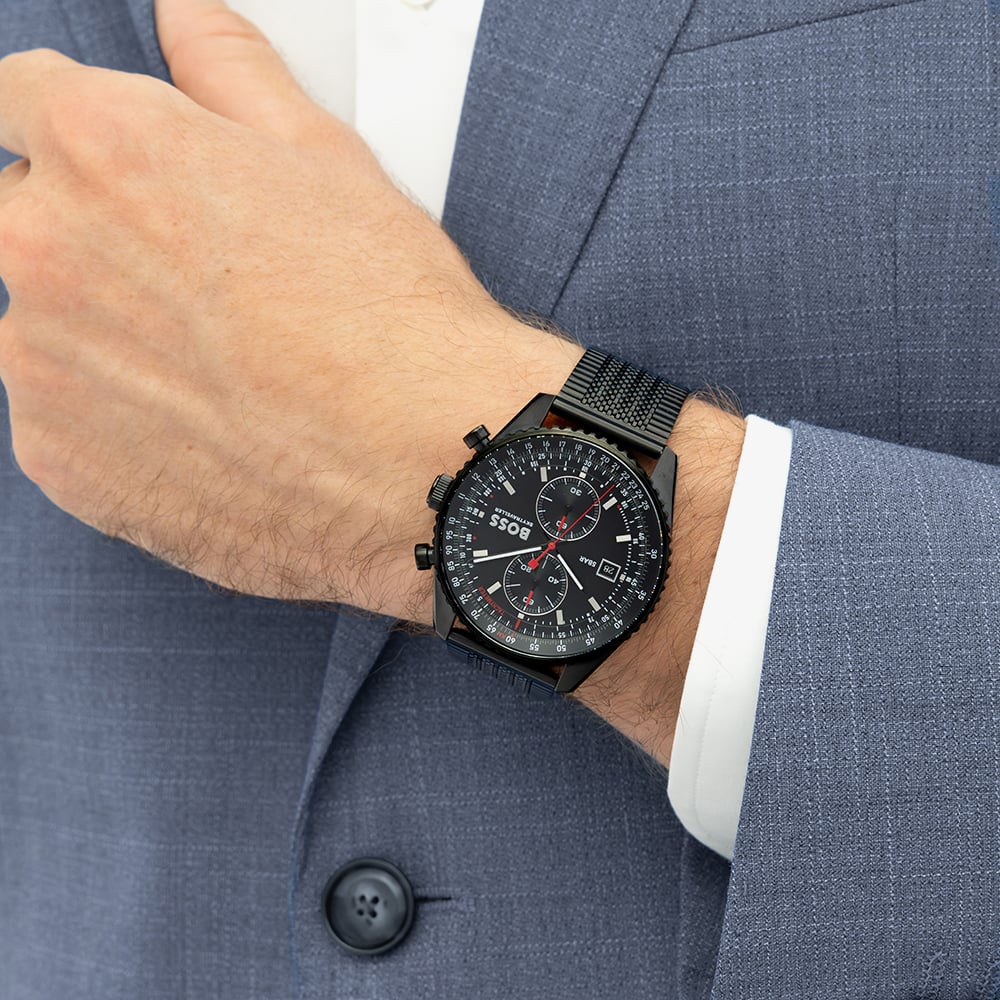 BOSS Mens Skytraveller Chronograph Black Dial Mesh Bracelet Watch 1514348