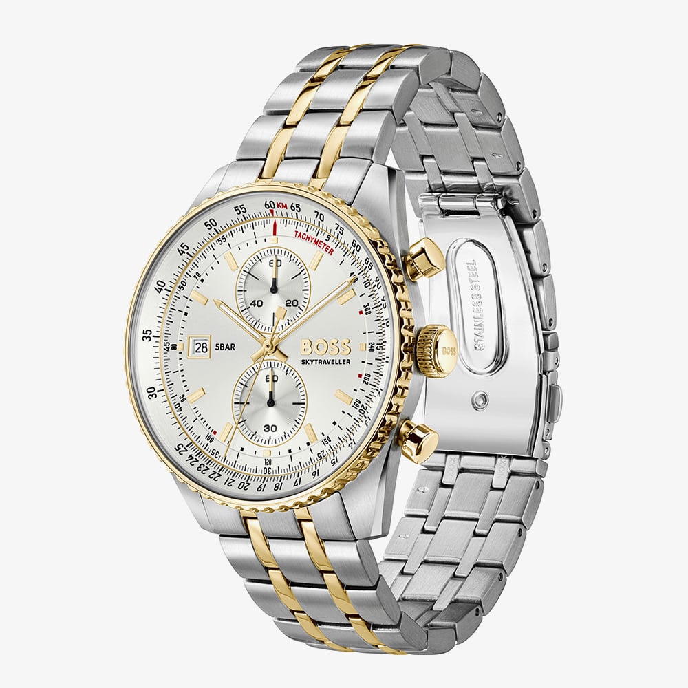 BOSS Mens Skytraveller Two Tone Chronograph Silver Dial Bracelet Watch 1514350
