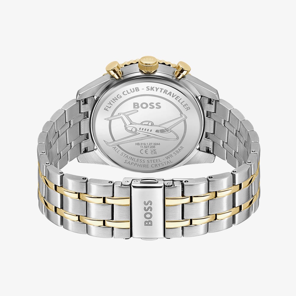 BOSS Mens Skytraveller Two Tone Chronograph Silver Dial Bracelet Watch 1514350