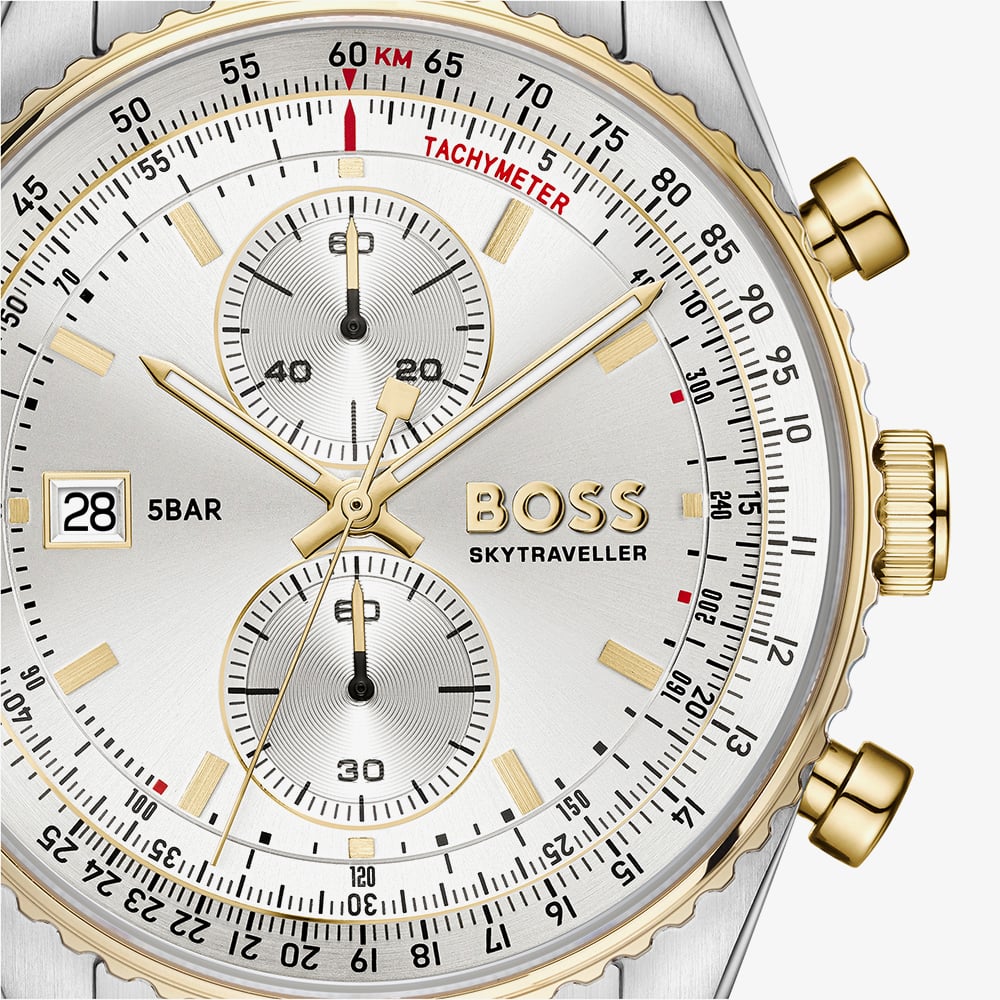 BOSS Mens Skytraveller Two Tone Chronograph Silver Dial Bracelet Watch 1514350