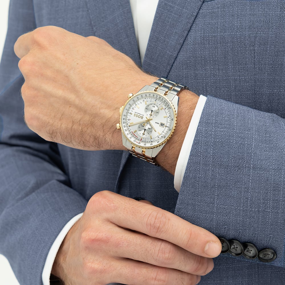 BOSS Mens Skytraveller Two Tone Chronograph Silver Dial Bracelet Watch 1514350