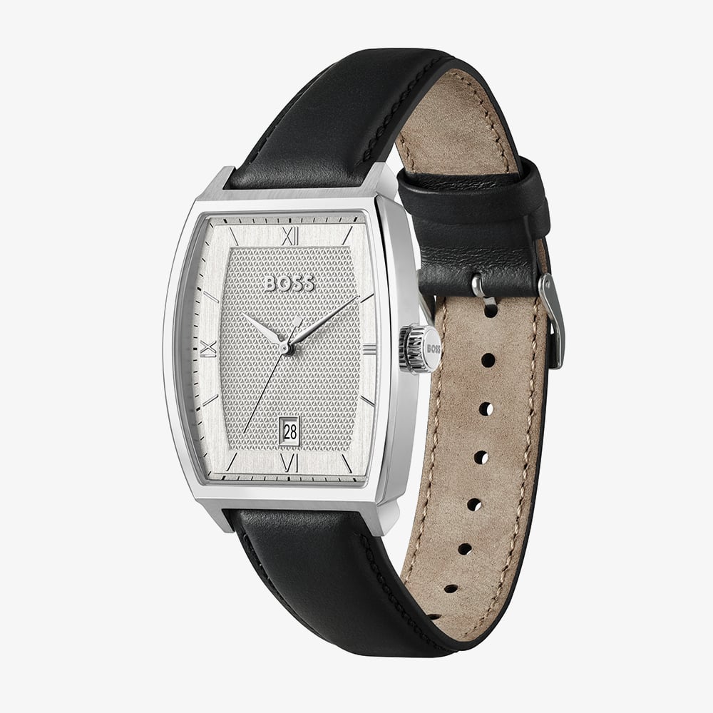 BOSS Mens Principle Arc Silver Dial Leather Strap Watch 1514351