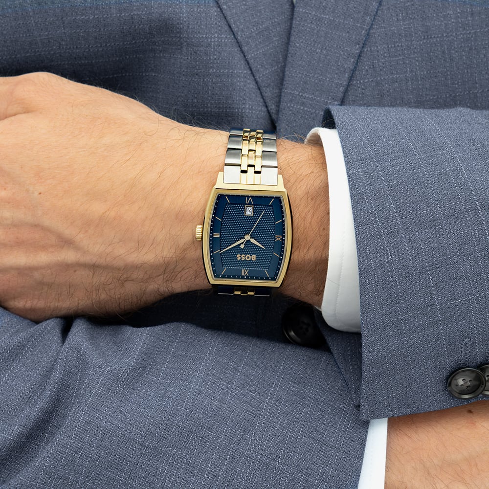 BOSS Mens Principle Arc Two Tone Blue Dial Bracelet Watch 1514354