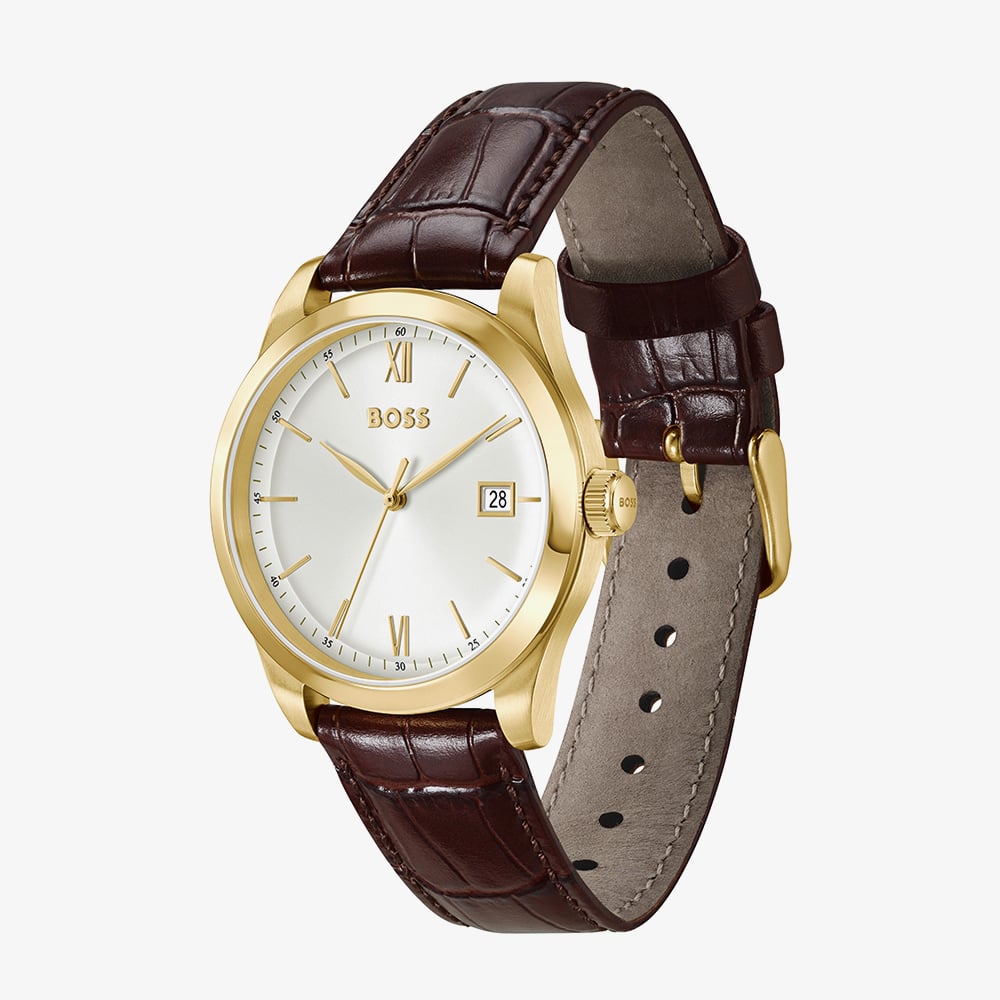 BOSS Mens Langford Silver Dial Leather Strap Watch 1514357