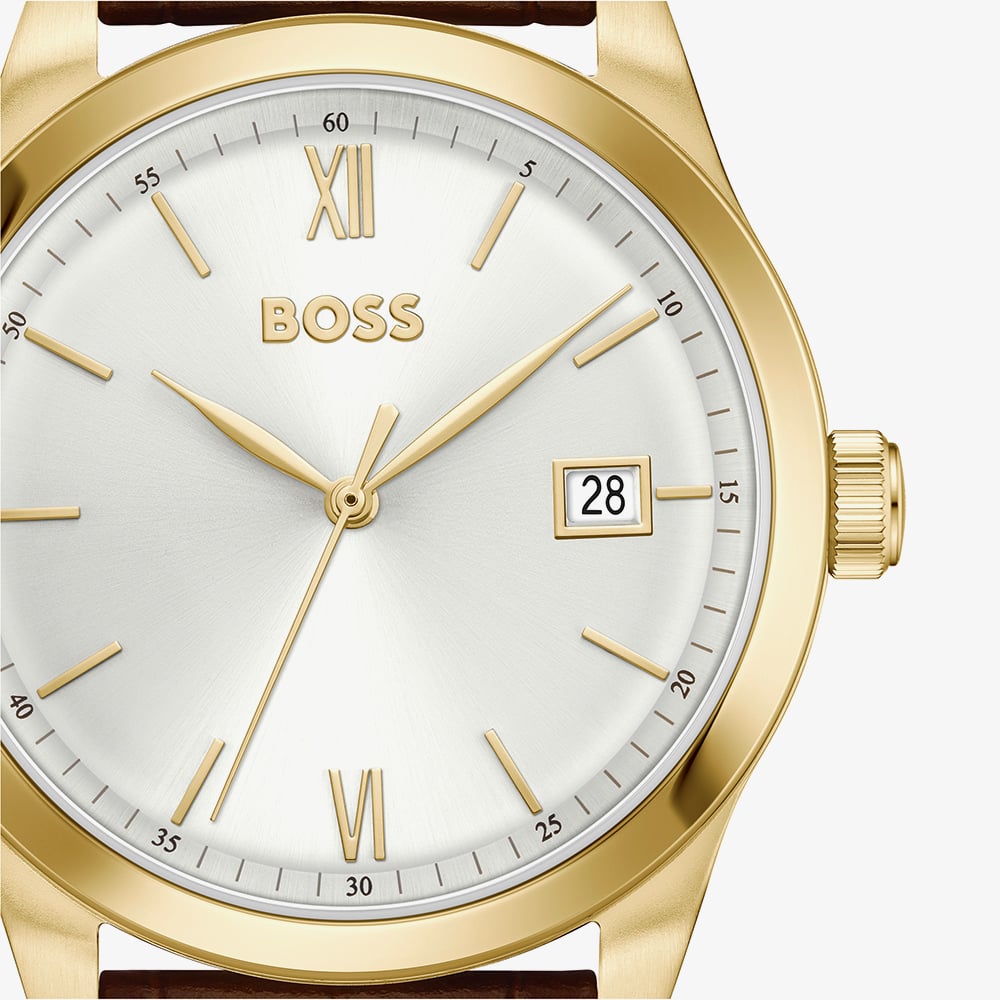 BOSS Mens Langford Silver Dial Leather Strap Watch 1514357