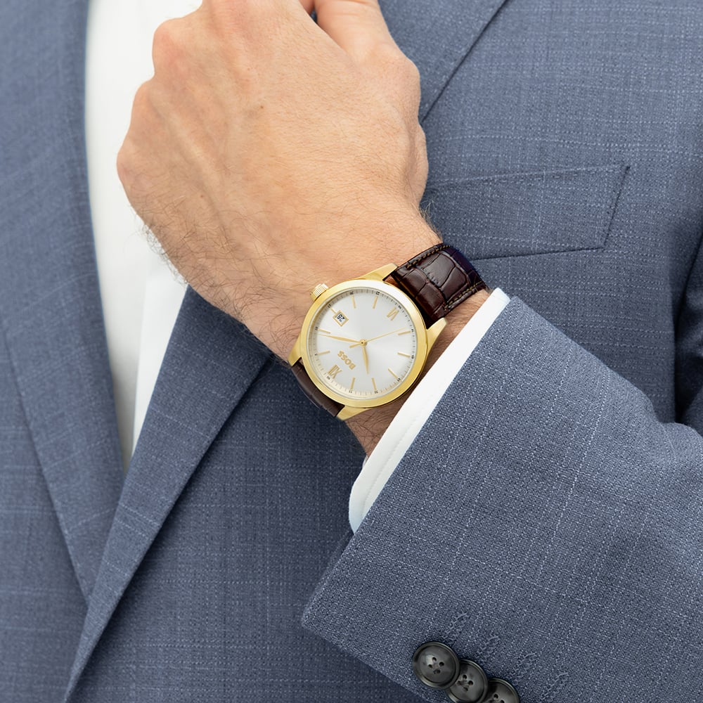 BOSS Mens Langford Silver Dial Leather Strap Watch 1514357