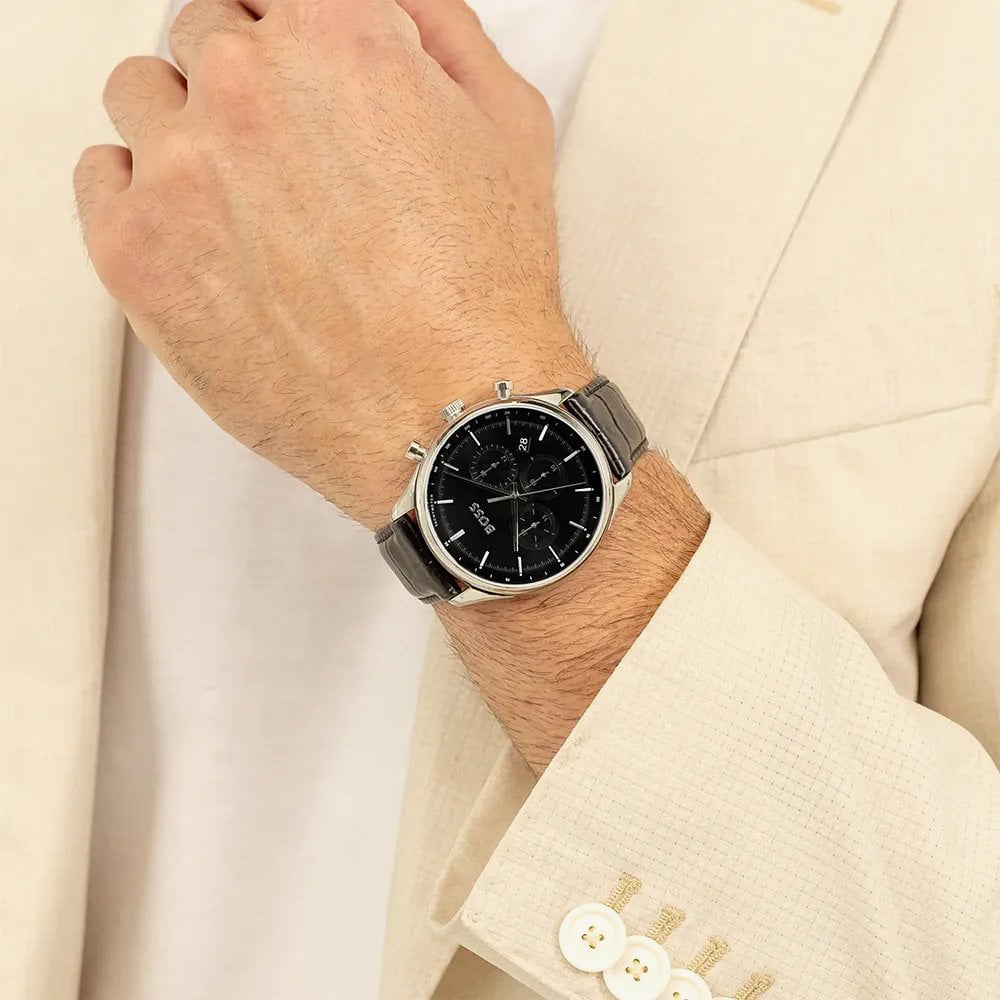 BOSS Mens Gregor Chronograph Black Dial Leather Strap Watch 1514049