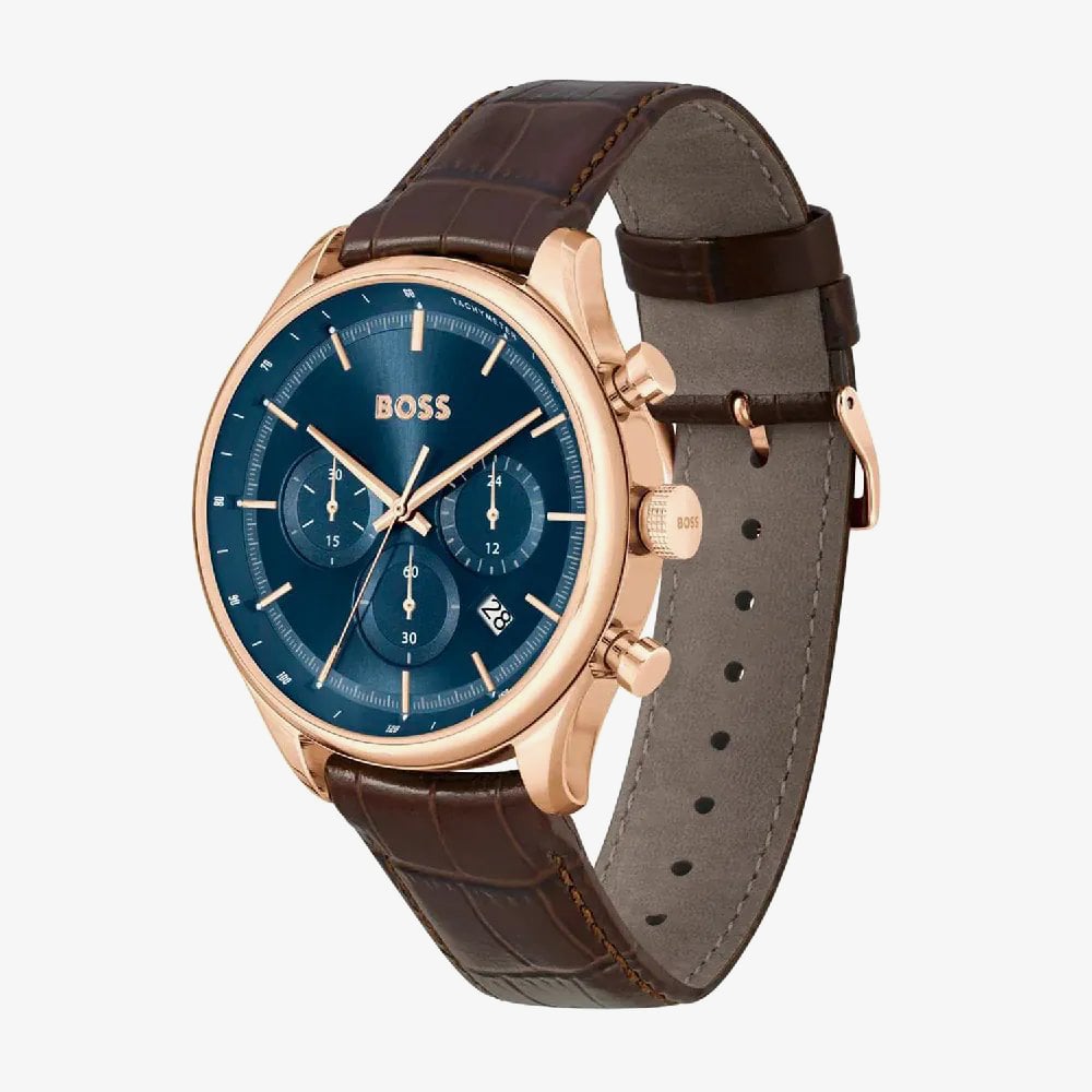 BOSS Mens Gregor Chronograph Blue Dial Leather Strap Watch 1514050