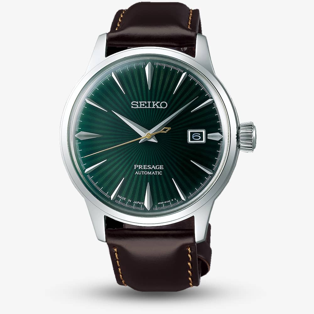 Seiko Mens Presage Cocktail Automatic Green Leather Strap Watch