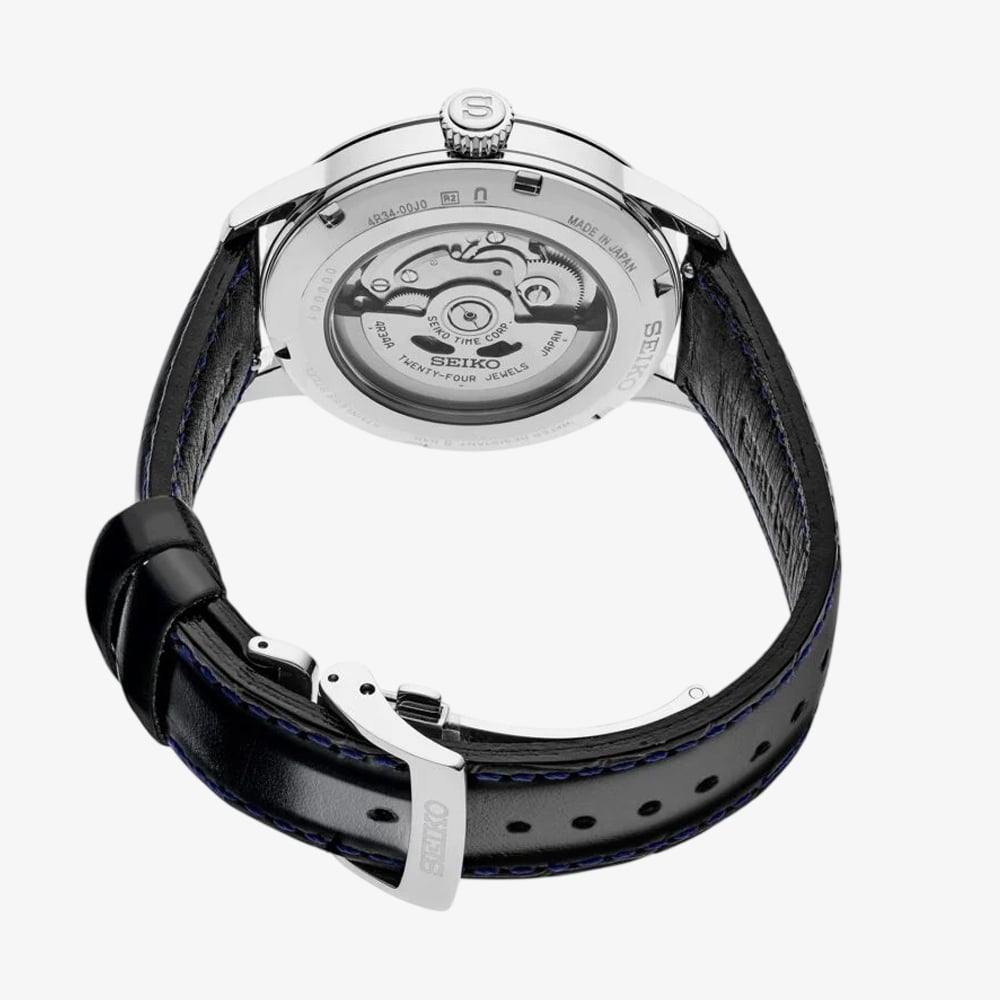 Seiko Mens Presage Silver Bullet Cocktail Time GMT Silver Dial Brown Leather Strap Watch SSK049J1