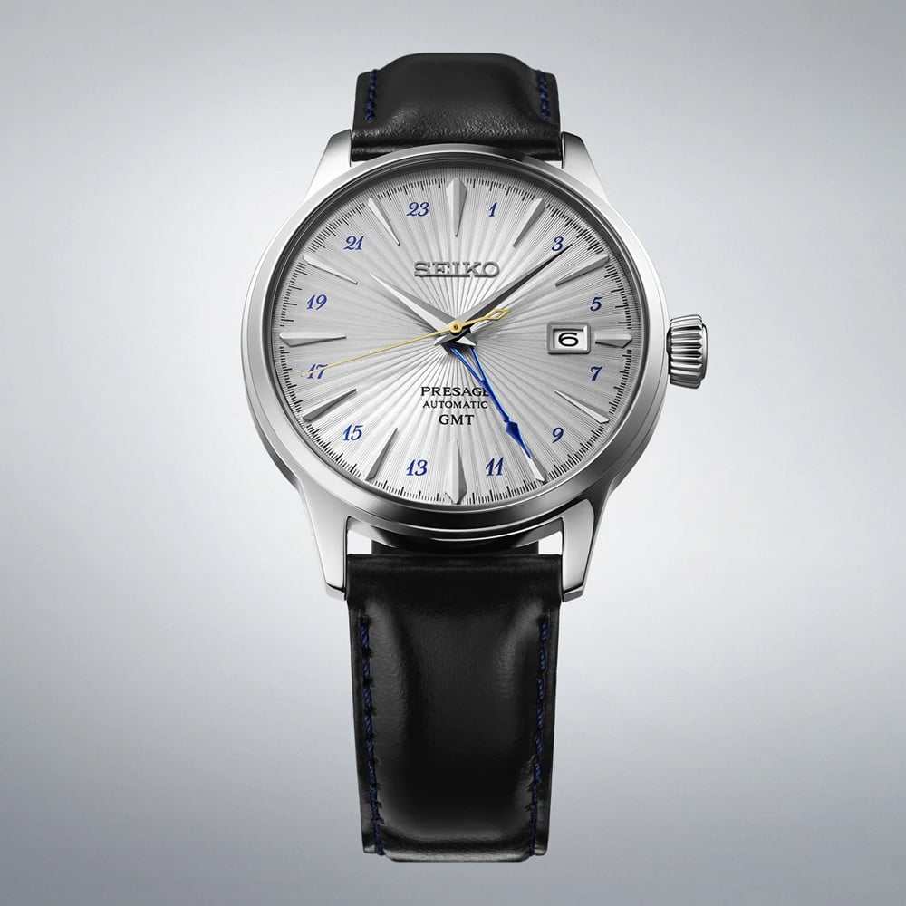 Seiko Mens Presage Silver Bullet Cocktail Time GMT Silver Dial Brown Leather Strap Watch SSK049J1