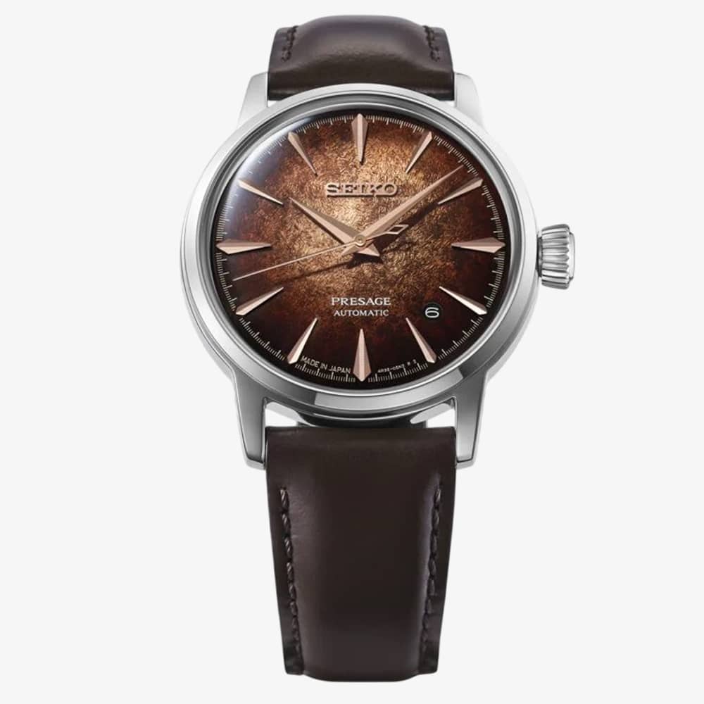 Seiko Mens Presage Cocktail Time 'Whisky Mist' Brown Dial Leather Strap Watch HCB003J1