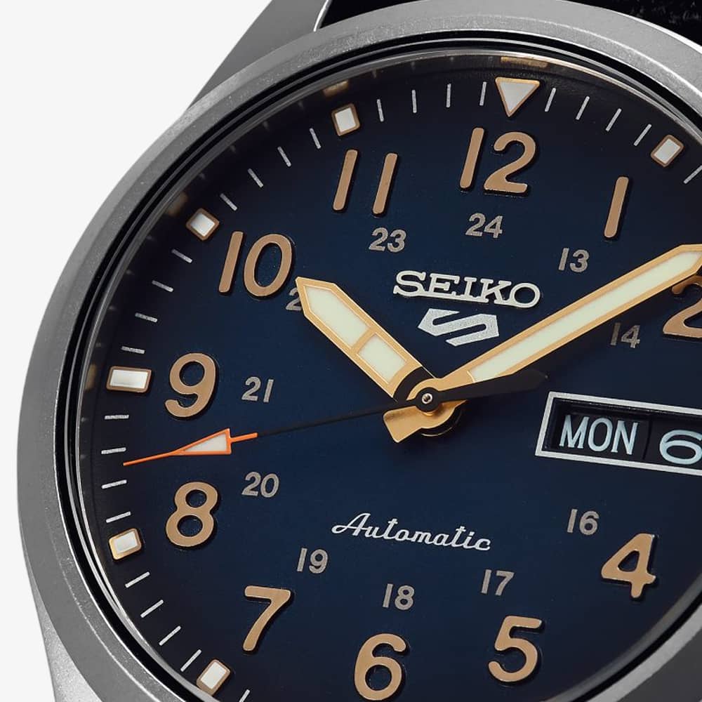 Seiko Mens 5 Sports Blue Dial Leather Strap Watch SRPG39K1
