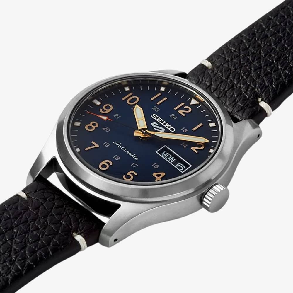 Seiko Mens 5 Sports Blue Dial Leather Strap Watch SRPG39K1