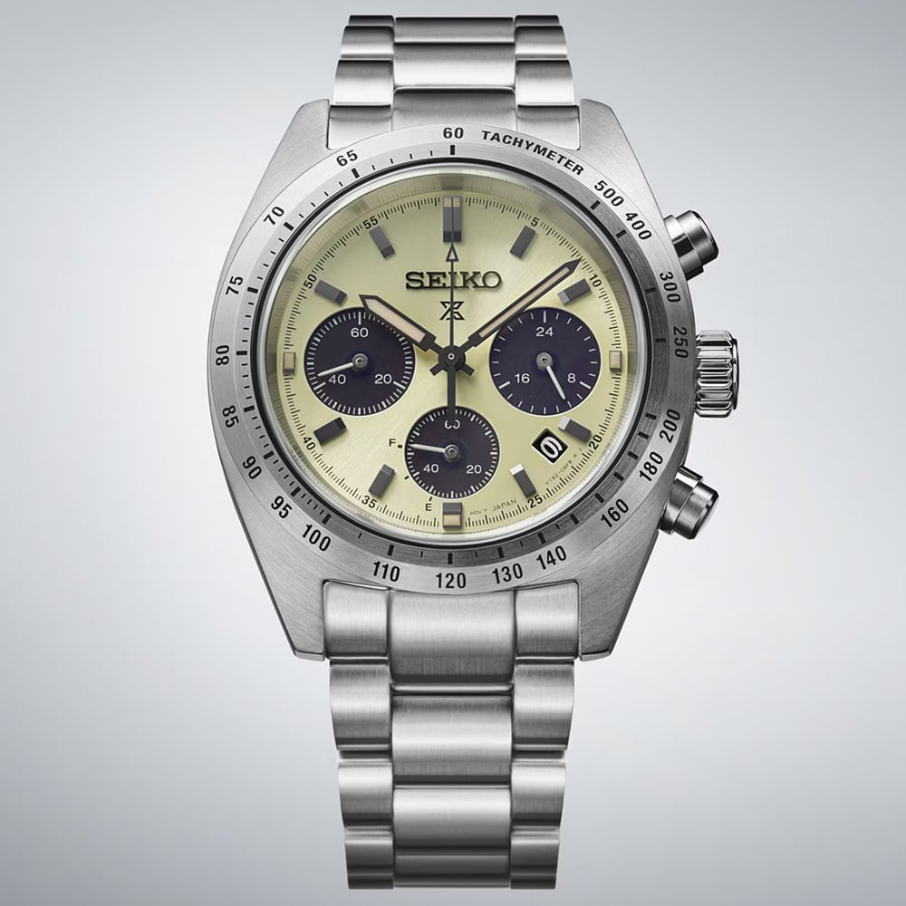 Seiko Mens Limited Edition Prospex Speedtimer Motoring European Exclusive Cream Bracelet Watch SSC959P1