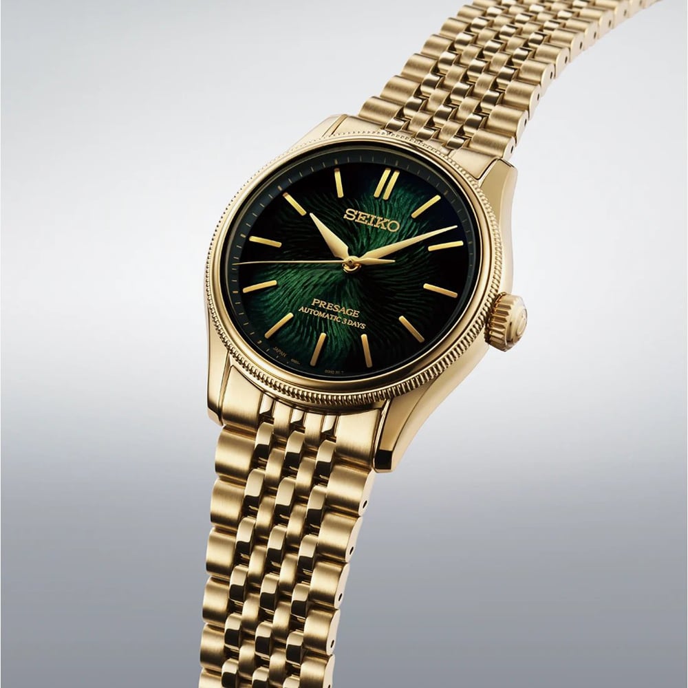 Seiko Mens Limited Edition Presage Classic x Tradman's Bonsai Matsuba-iro Green Dial Golden Bracelet Watch HCC009J1