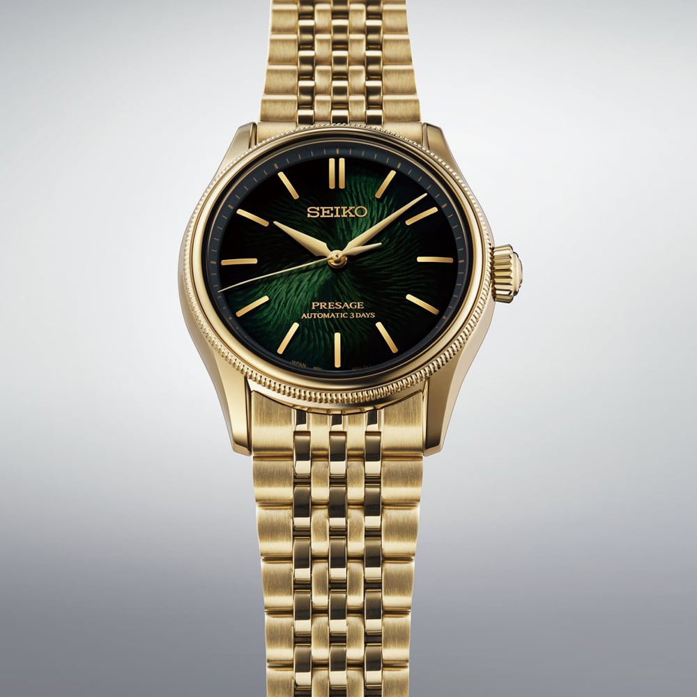 Seiko Mens Limited Edition Presage Classic x Tradman's Bonsai Matsuba-iro Green Dial Golden Bracelet Watch HCC009J1