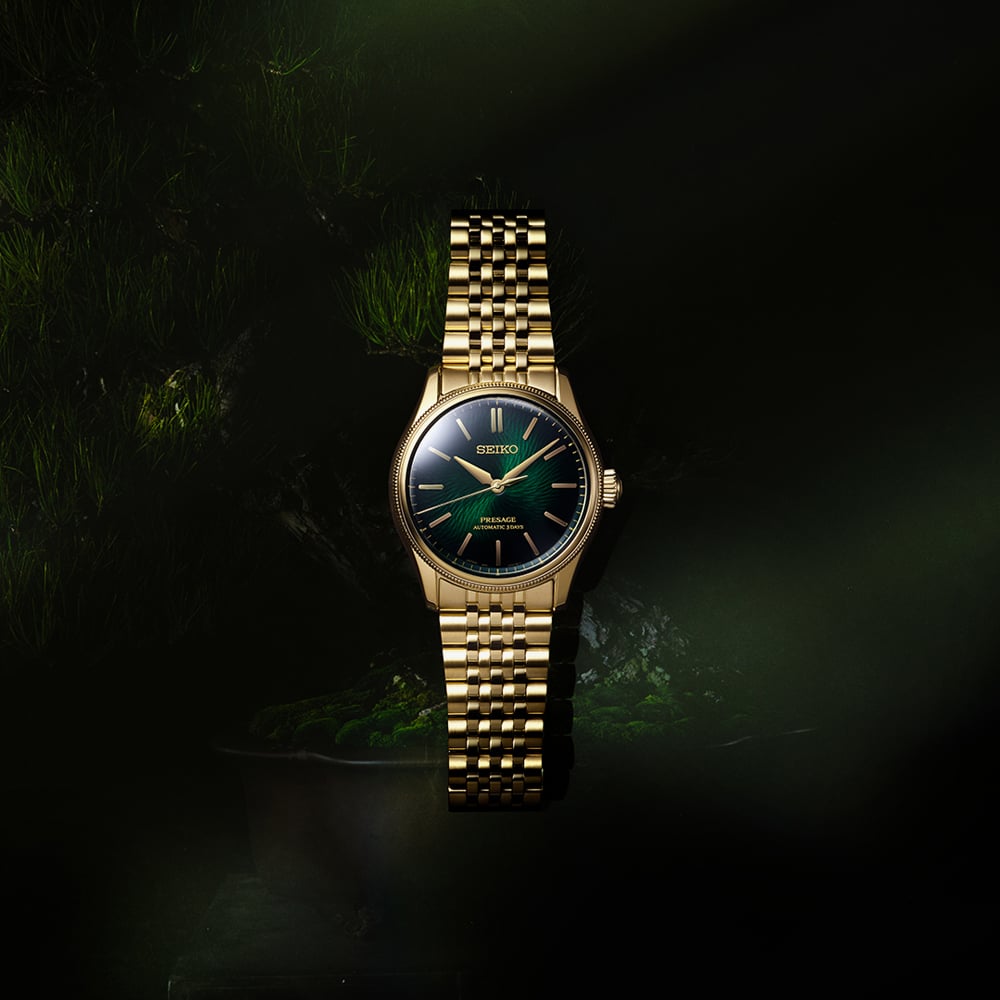 Seiko Mens Limited Edition Presage Classic x Tradman's Bonsai Matsuba-iro Green Dial Golden Bracelet Watch HCC009J1