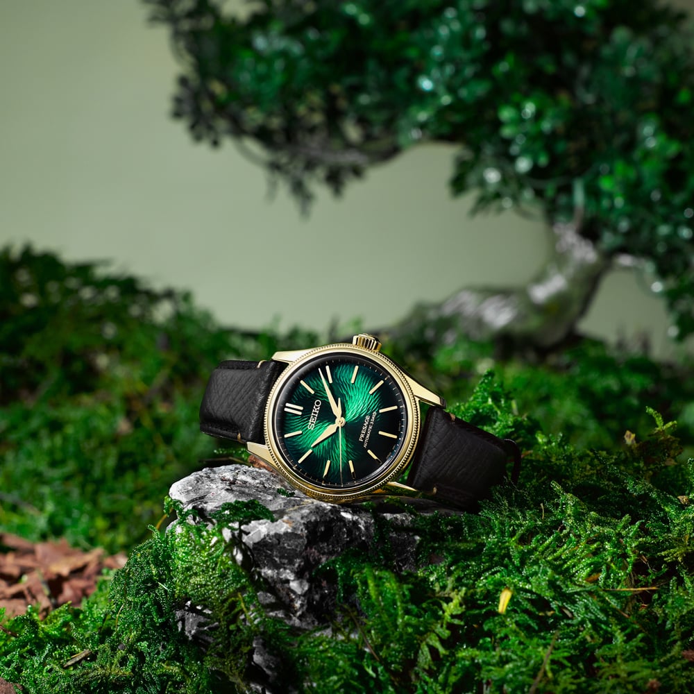 Seiko Mens Limited Edition Presage Classic x Tradman's Bonsai Matsuba-iro Green Dial Golden Bracelet Watch HCC009J1