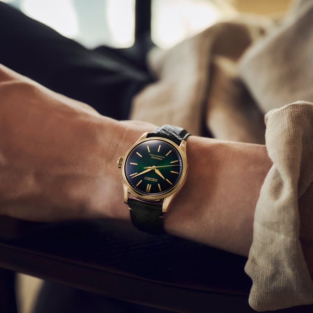 Seiko Mens Limited Edition Presage Classic x Tradman's Bonsai Matsuba-iro Green Dial Golden Bracelet Watch HCC009J1