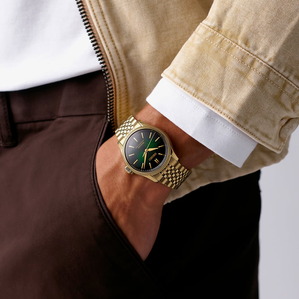 Seiko Mens Limited Edition Presage Classic x Tradman's Bonsai Matsuba-iro Green Dial Golden Bracelet Watch HCC009J1