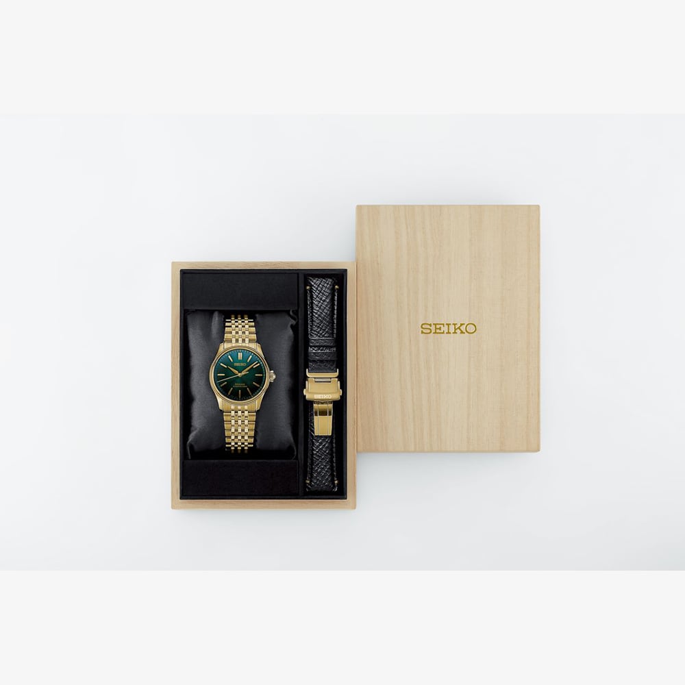 Seiko Mens Limited Edition Presage Classic x Tradman's Bonsai Matsuba-iro Green Dial Golden Bracelet Watch HCC009J1