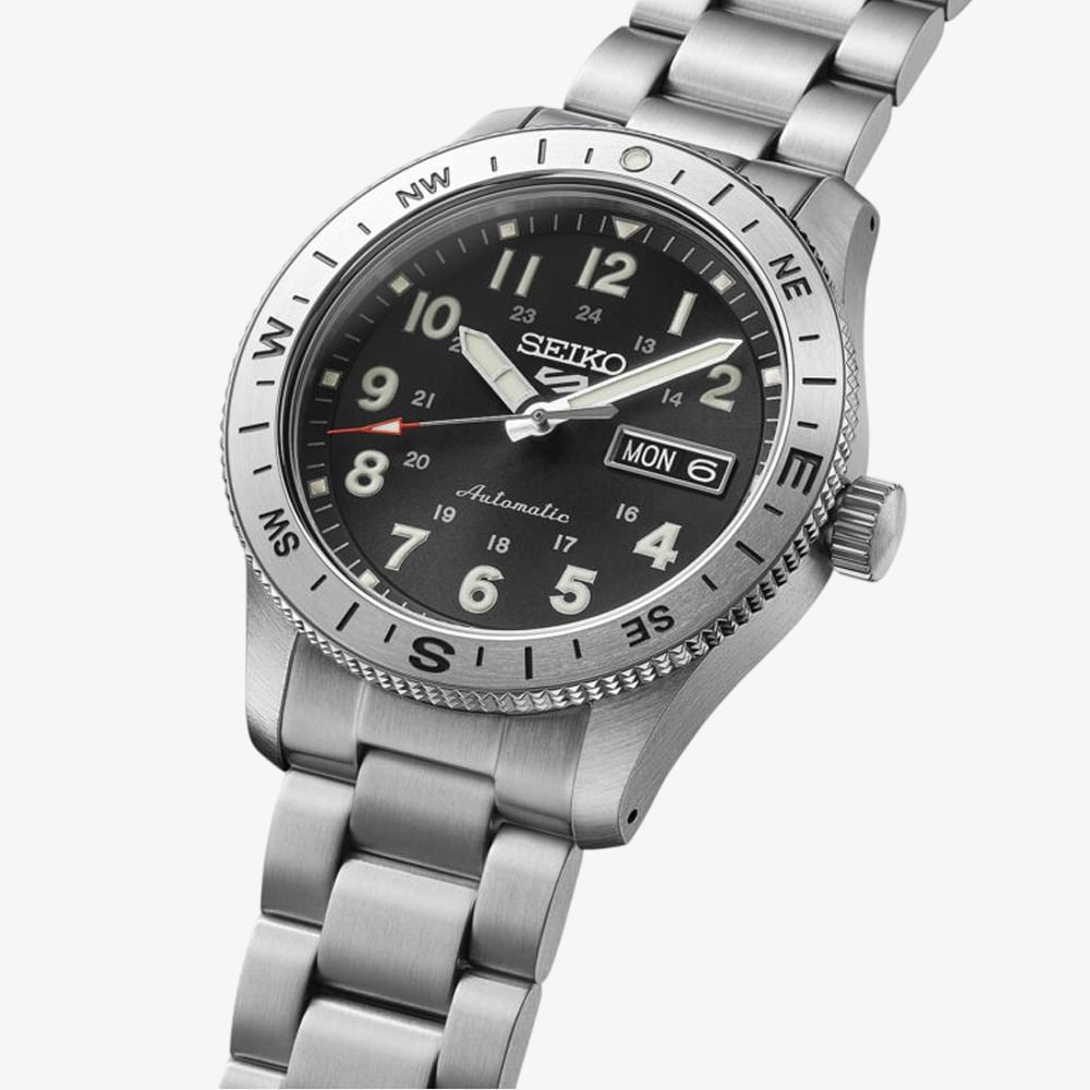Seiko Mens 5 Sports Field Automatic Black Dial Stainless Steel Bracelet Watch HDB006K1