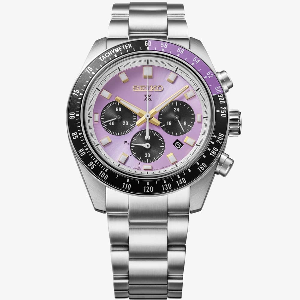 Seiko Mens Limited Edition Prospex Speedtimer 145th Anniversary Solar Chronograph Purple Dial Bracelet Watch HBJ005P1