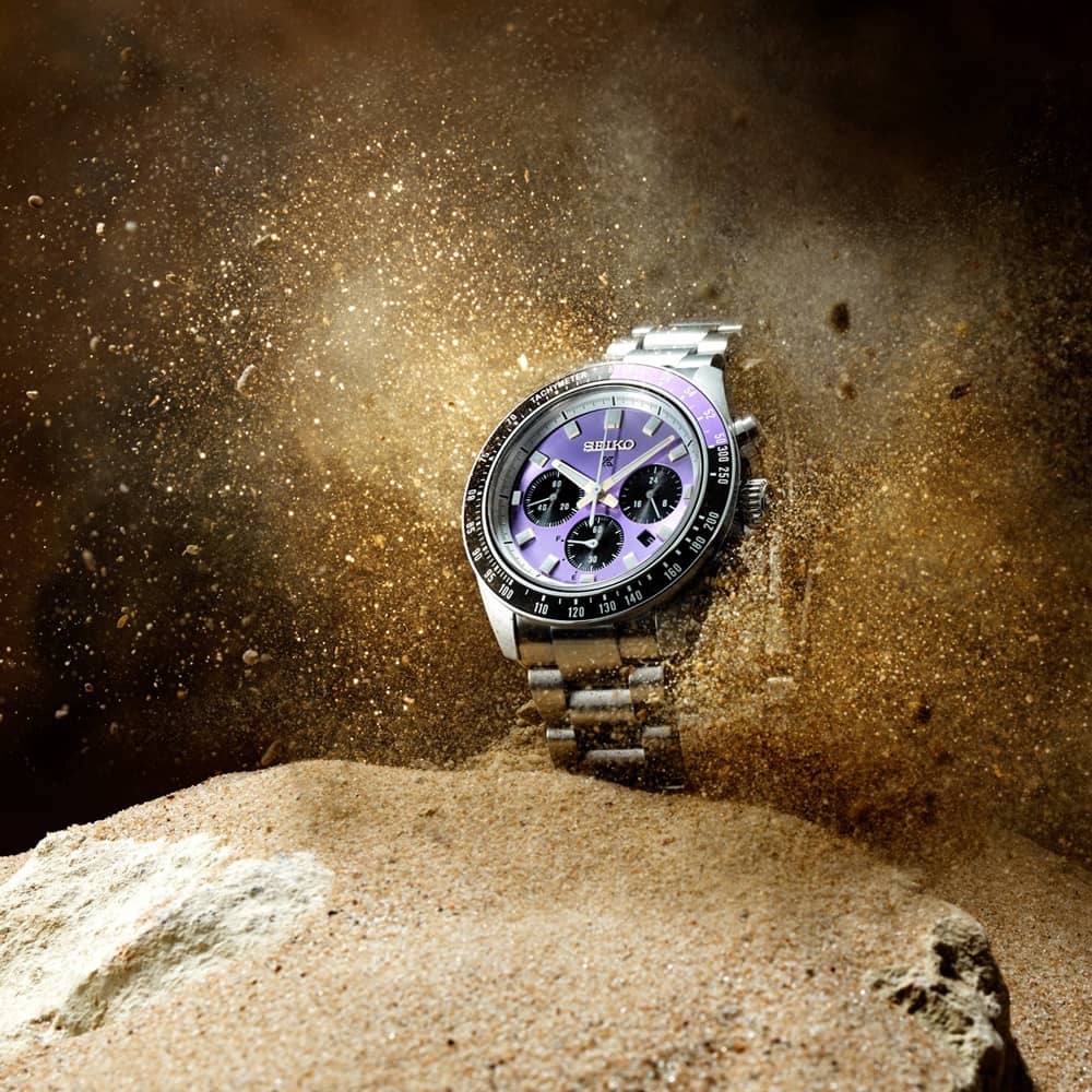 Seiko Mens Limited Edition Prospex Speedtimer 145th Anniversary Solar Chronograph Purple Dial Bracelet Watch HBJ005P1