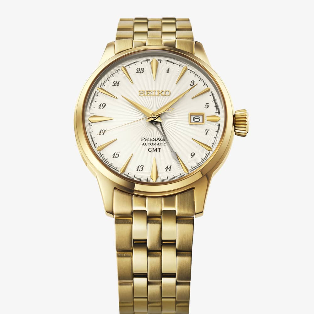 Seiko Mens Presage Cocktail Time 'Daiquiri' Gold Tone Bracelet Watch HCB004J1