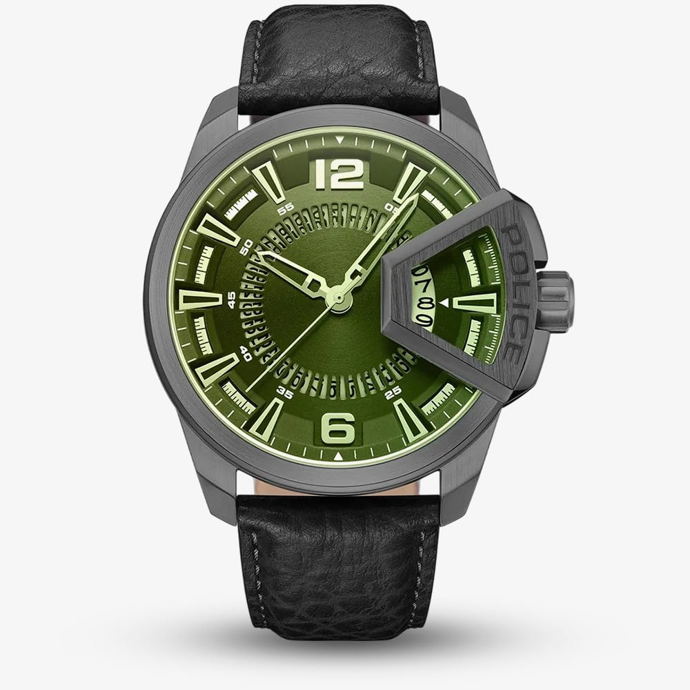 House of Watches - Police Mens Underlined Green Dial Leather Strap Watch PEWJB0005603