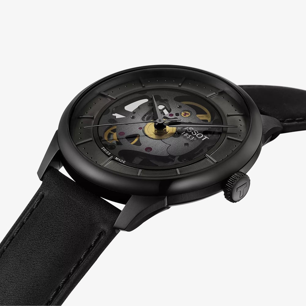 Tissot Chemin Des Tourelles Skeleton Dial Black Leather Strap Watch T139.836.36.441.00
