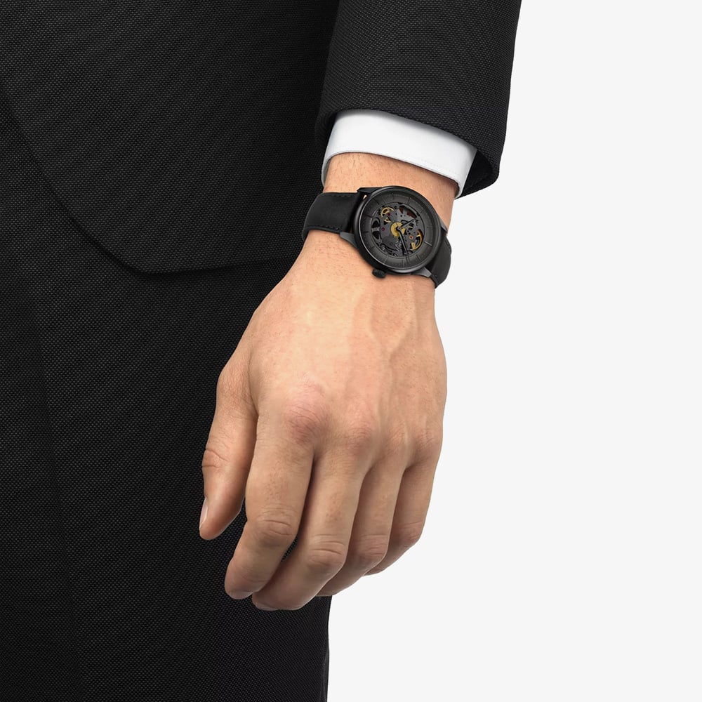 Tissot Chemin Des Tourelles Skeleton Dial Black Leather Strap Watch T139.836.36.441.00