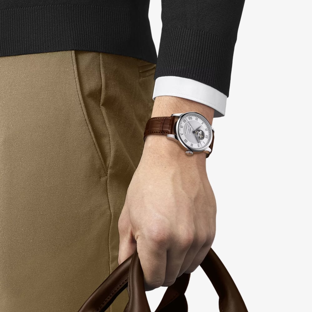 Tissot Mens Le Locle Open Heart Silver Dial Brown Leather Strap Watch T006.407.16.033.01