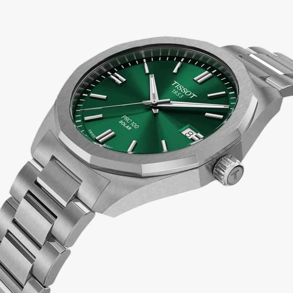 Tissot Mens PRC100 Solar Green Dial Bracelet Watch T151.422.11.091.00