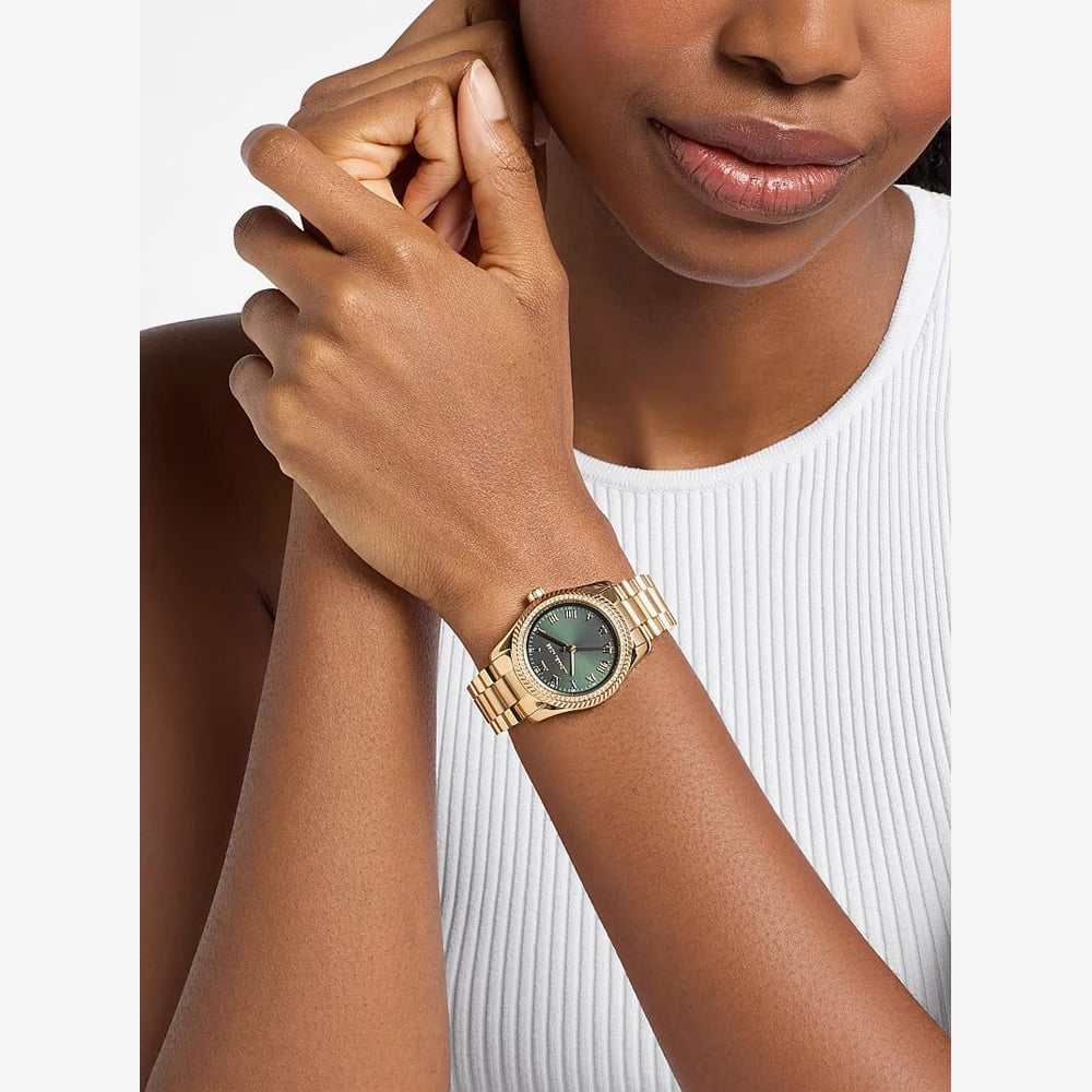 Michael Kors Ladies Mini Lexington Green Dial Gold - Tone Bracelet Watch MK7622